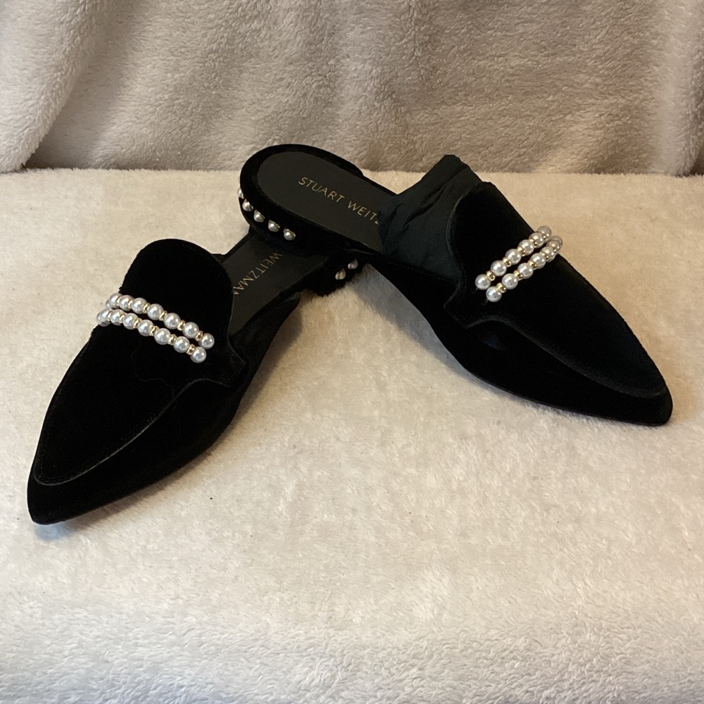 Stuart Weitzman Velvet Black Mules with Pearl Details